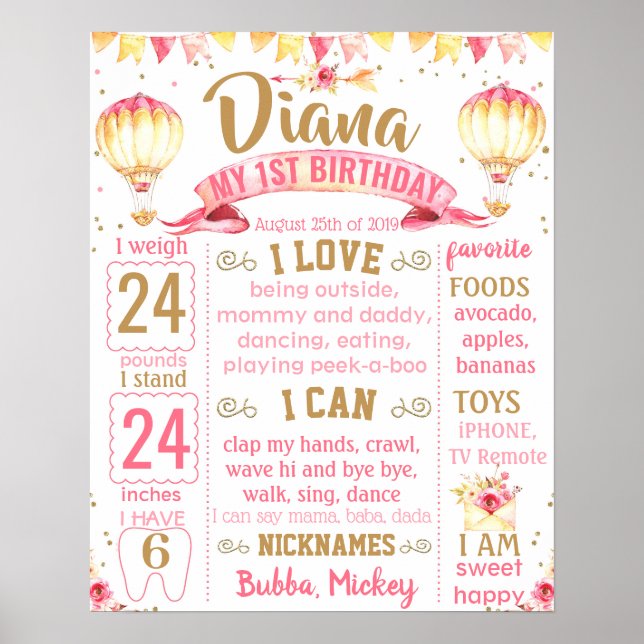 Luftballong Bandkort för första födelsedag Poster (Framsidan)