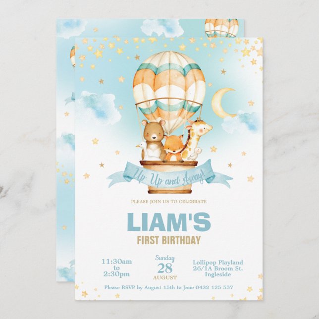 Luftballong Birthday Boy Cute Jungle Animals Inbjudningar (Fram/baksida)