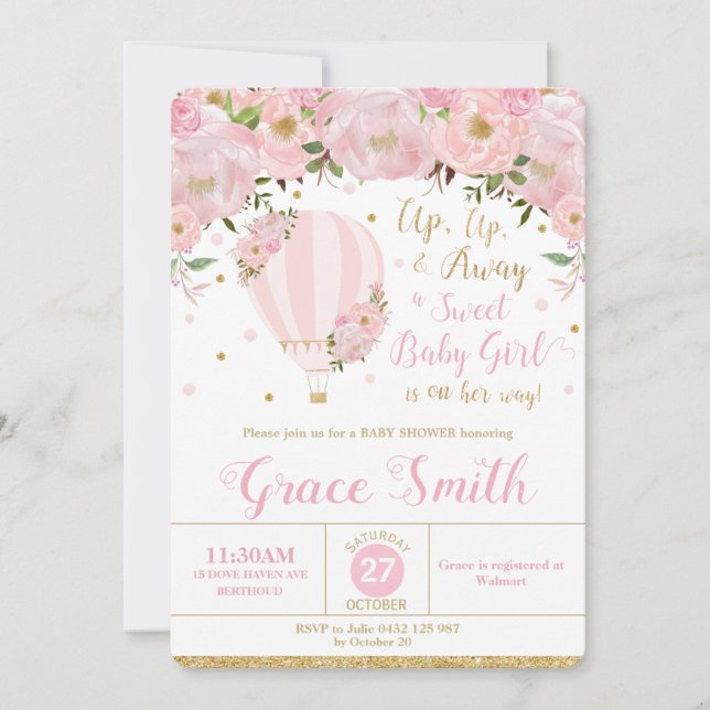 Luftballong Blommigt Baby Shower Flicka Inbjudningar (Framsida)