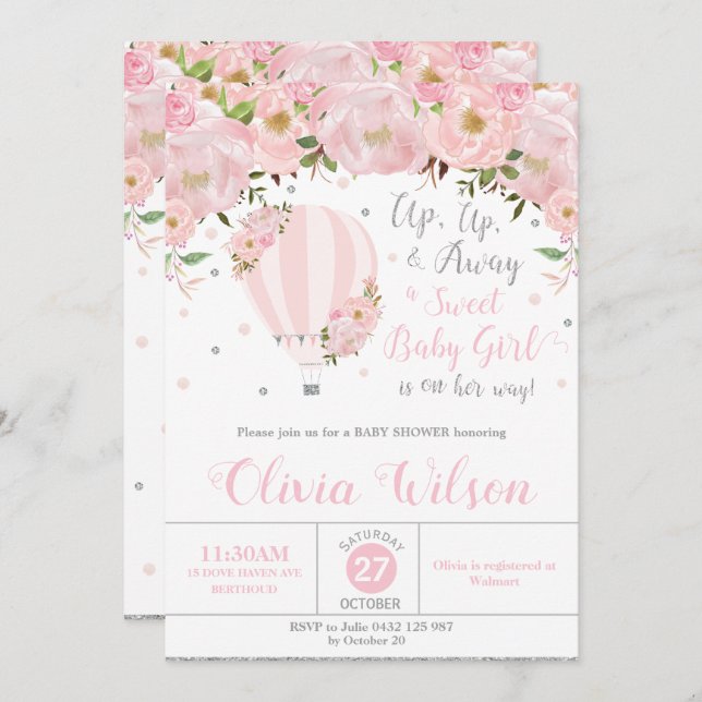 Luftballong Blommigt Baby Shower Girl Silver Inbjudningar (Fram/baksida)