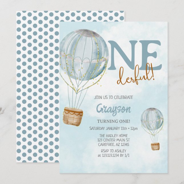Luftballong Blue 1:a födelsedag Inbjudningar (Fram/baksida)