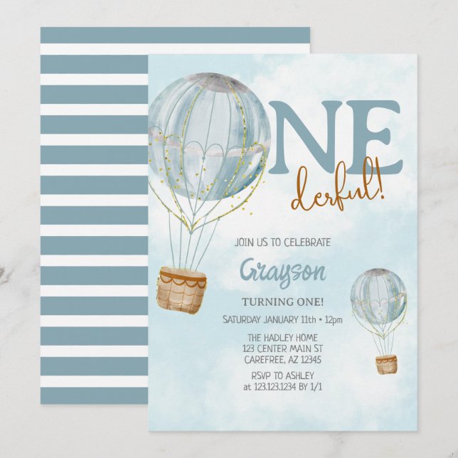 Luftballong Blue 1:a födelsedag Inbjudningar (Fram/baksida)