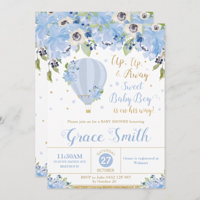 luftballong Blue Blommigt Baby Shower Boy Inbjudningar (Fram/baksida)