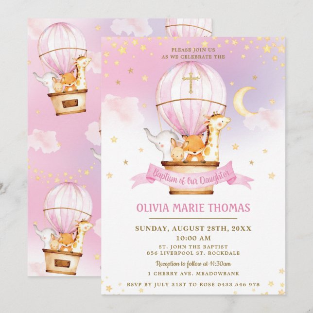 Luftballong Cute Animals Baptism Christening Inbjudningar (Fram/baksida)