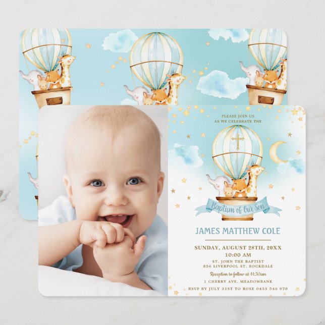 Luftballong Cute Animals Baptism Christening Inbjudningar (Fram/baksida)