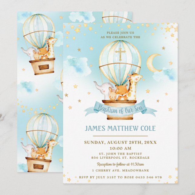 Luftballong Cute Animals Baptism Christening Inbjudningar (Fram/baksida)