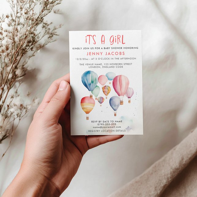 Luftballong Det är en flicka babydusch Inbjudningar (Hot air balloons its a girl baby shower invitation card)