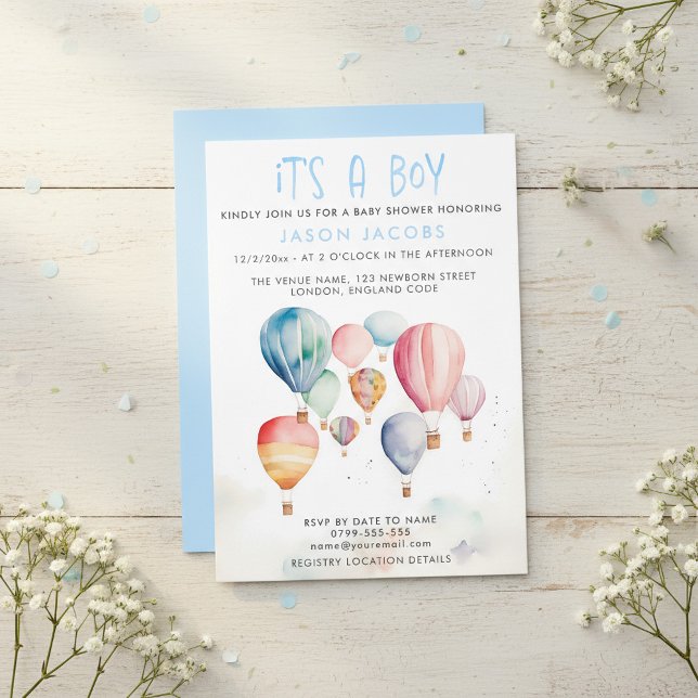 Luftballong Det är en pojkbabydusch Inbjudningar (Hot Air Balloon It's a boy baby shower Invitation.)
