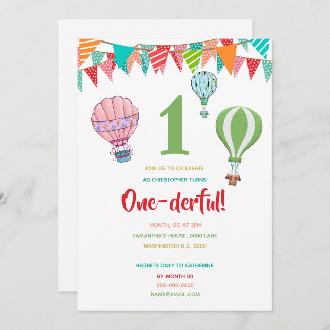 Luftballong flaggor första födelsedagsflicka inbjudningar (Fram/baksida)