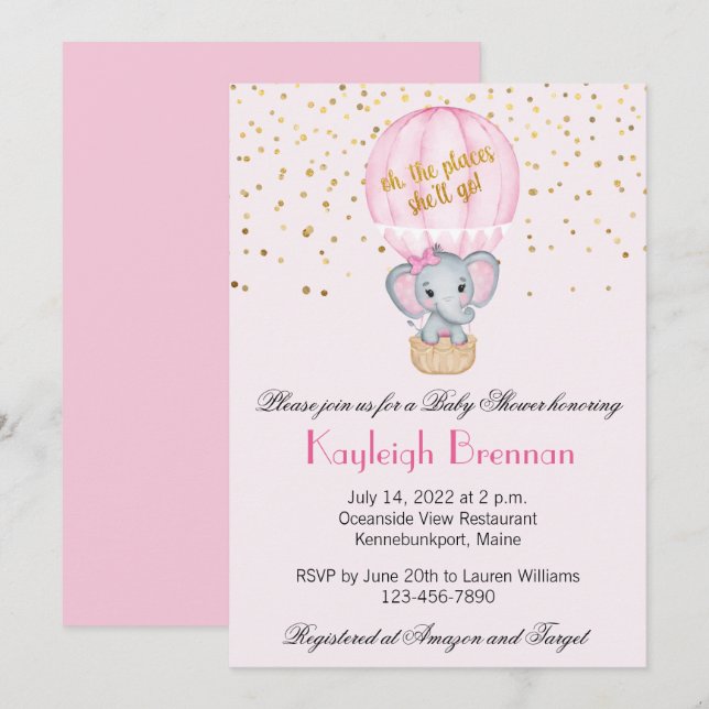 Luftballong Flicka Elephant Baby Shower Inbjudningar (Fram/baksida)