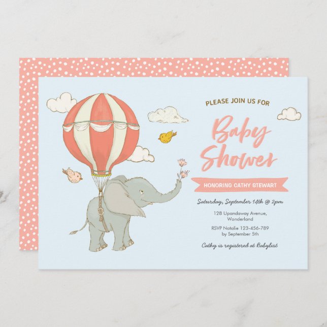 Luftballong för baby showerinbjudanelefant inbjudningar (Fram/baksida)