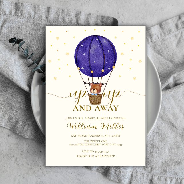 Luftballong för spädbarn i Nallen för Cute Stars Inbjudningar (Cute Stars Teddy Bear Hot Air Balloon Baby Shower Invitation)