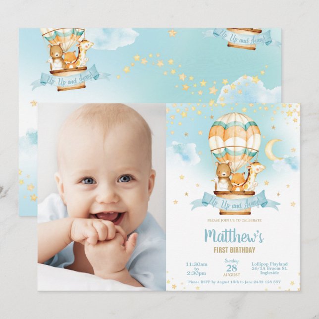 Luftballong Foto på dagtid för Cute Baby djur Inbjudningar (Fram/baksida)