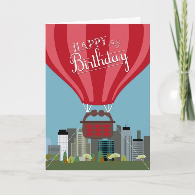 Luftballong framför Skyline Birthday Card Kort (Framsida)