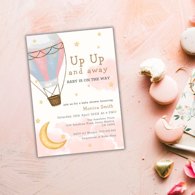 Luftballong Måne Stars Girl Baby Shower Inbjudningar (Hot Air Balloon Moon Stars Girl Baby Shower Invitation)