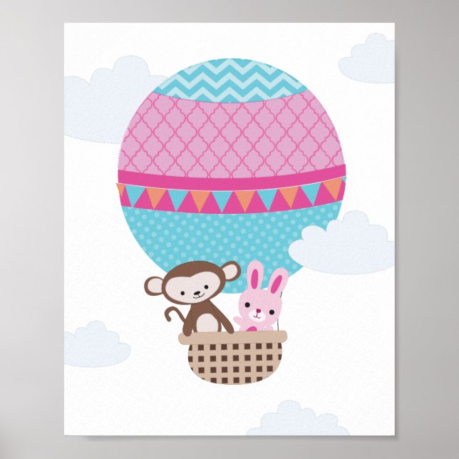 Luftballong Monkey och Bunny Nursery Art Poster (Framsidan)