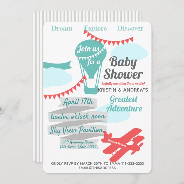 Luftballong och flygplan i Underbara Äventyr Inbjudningar (Fram/baksida)