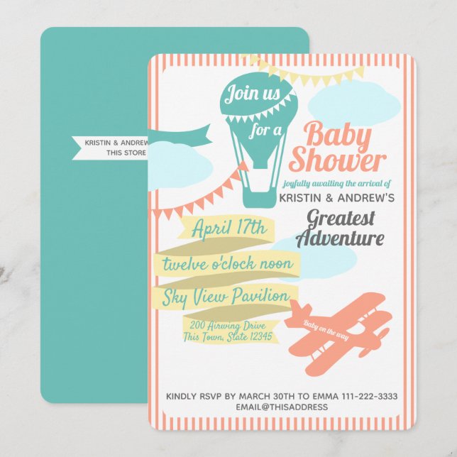 Luftballong och flygplan i Underbara Äventyr Inbjudningar (Fram/baksida)