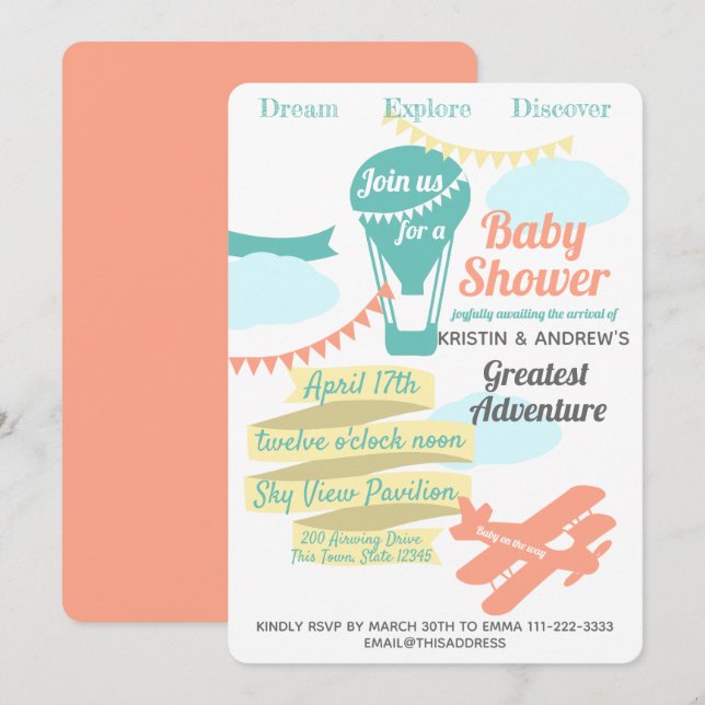 Luftballong och flygplan i Underbara Äventyr Inbjudningar (Fram/baksida)