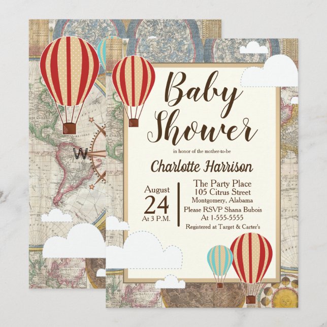 Luftballong och världskarta Vintage Äventyr Inbjudningar (Fram/baksida)