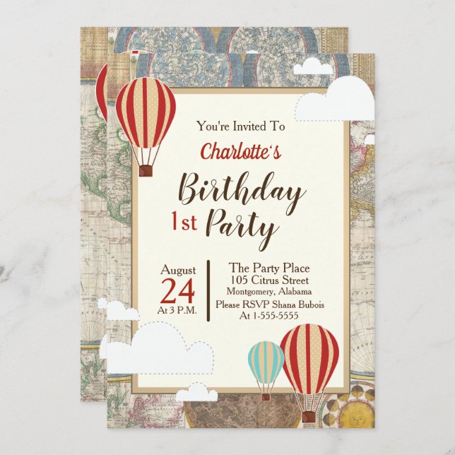 Luftballong och världskarta Vintage Äventyr Inbjudningar (Fram/baksida)