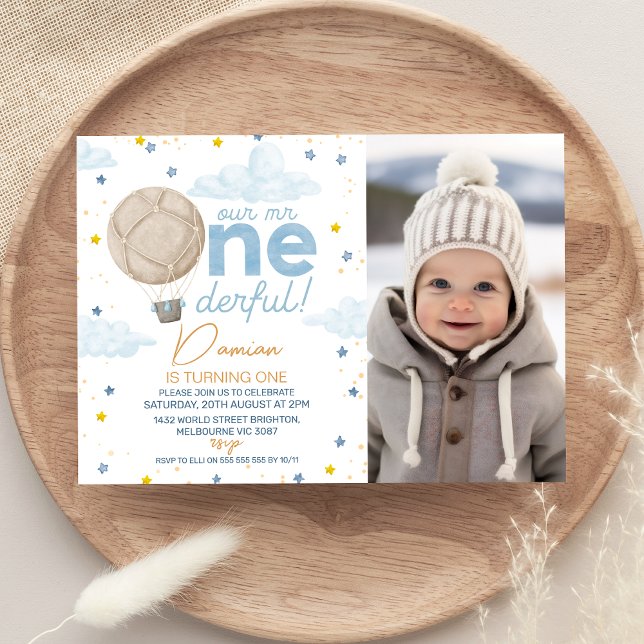 Luftballong Photo Onederful 1:a födelsedagen Inbjudningar (Our Mr Onederful 1st Birthday Invitation Boy Blue Hot Air Balloon Mr Onederful First Birthday party )