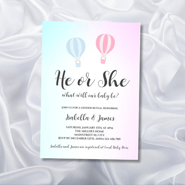 Luftballong Rosa Blue Cute Gender Reveal Inbjudningar (gender reveal invitation hot air balloon pink or blue he or she)