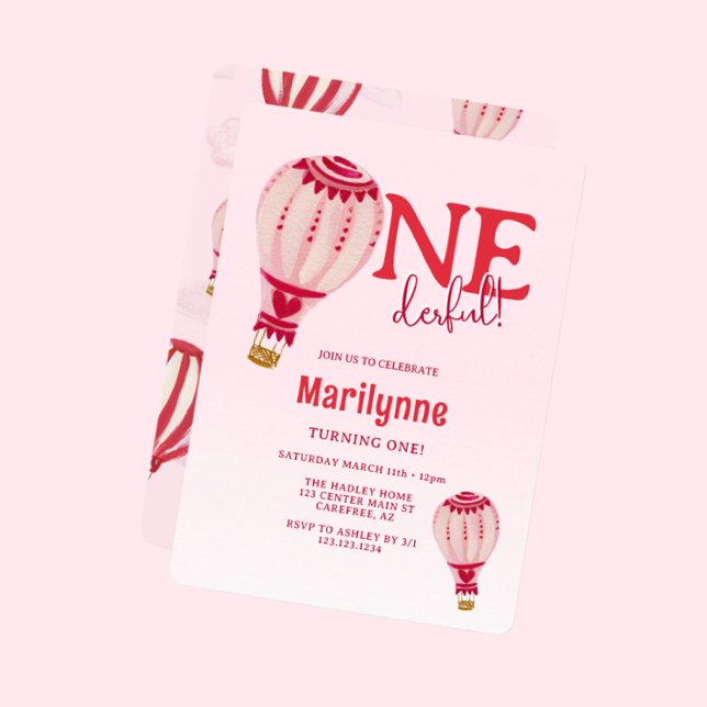 Luftballong Rosa Red 1:a födelsedag Inbjudningar (Skapare uppladdad)