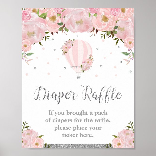 Luftballong Silver Rosa Blommigt Diaper Raffle Poster (Framsidan)