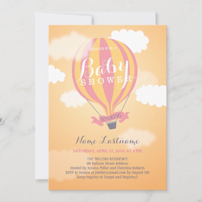 Luftballong Sunset Girl Baby Shower Inbjudan (Framsida)