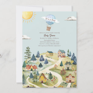 Luftballong Village Blue Boy Baby Shower Inbjudningar