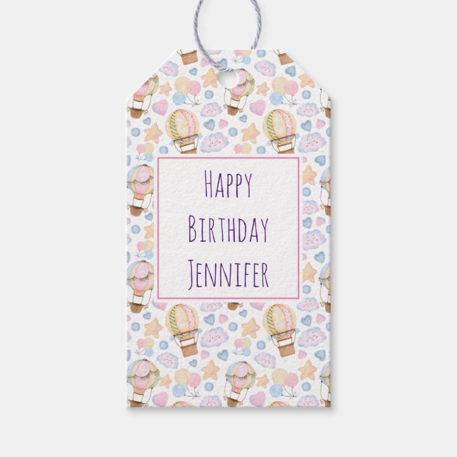 Luftballong Watercolor Mönster Birthday Presentetikett (Framsidan)