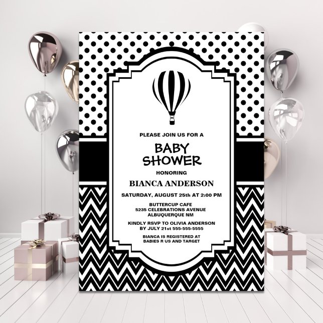 Luftballongen Baby Shower Black and White Inbjudningar (Skapare uppladdad)