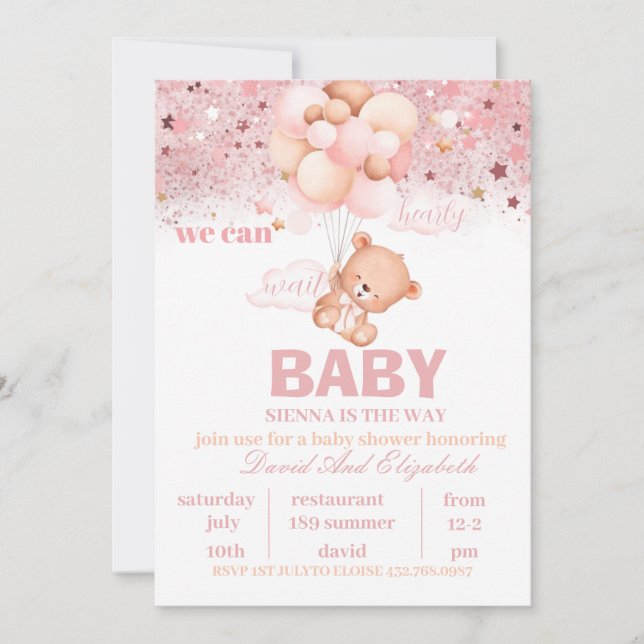 Luftballongen Baby Shower för redigerbar Nalle i Inbjudningar (Framsida)