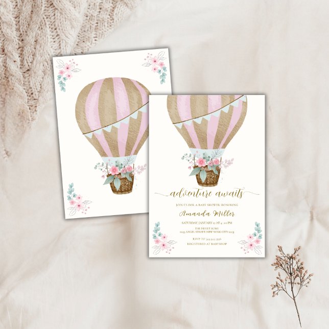 Luftballongen Babykläder för vattenfärgsfärgad Blo Inbjudningar (Watercolor Floral Hot Air Balloon Baby Shower Invitation)
