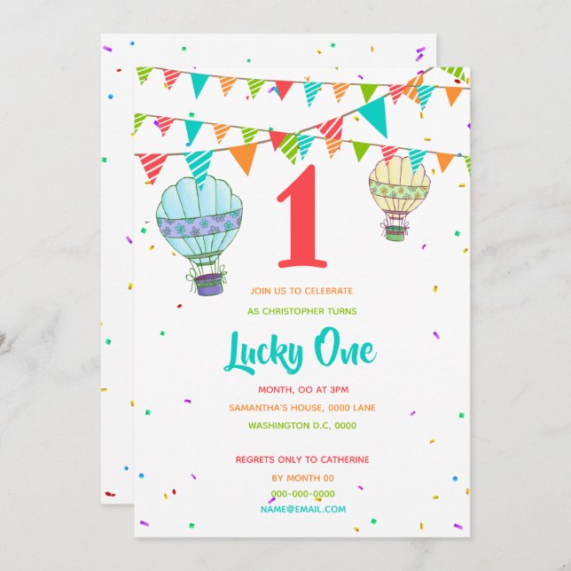Luftballongens färgade buntning första födelsedage inbjudningar (Fram/baksida)