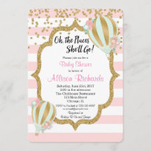 luftballongens inbjudan till babydusch rosa guld