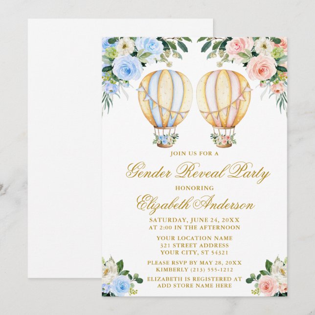 Luftballonger för gender Visa Party Blommigt Inbjudningar (Fram/baksida)