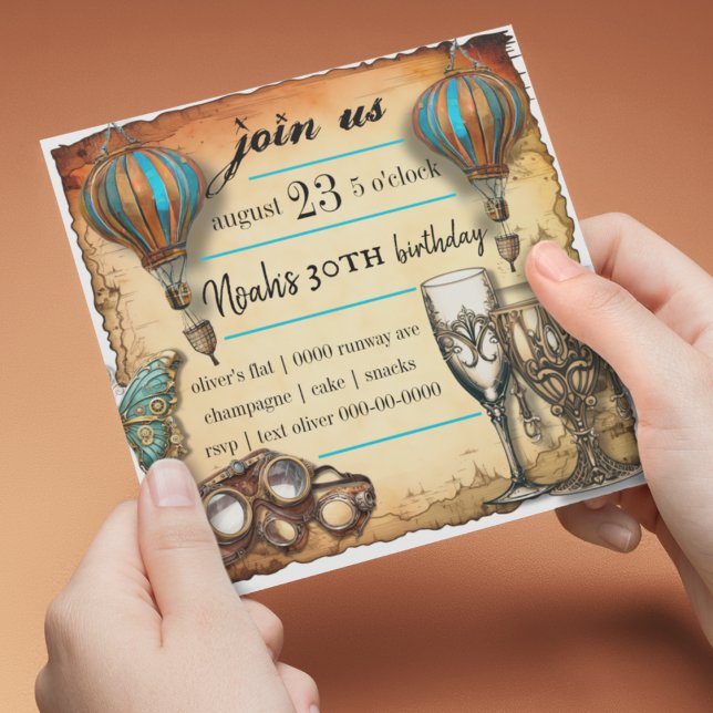 Luftballonger Steampunk Goggles Firande Inbjudningar (Vintage industrial steampunk customizable party invitation for celebrations and special occasions)