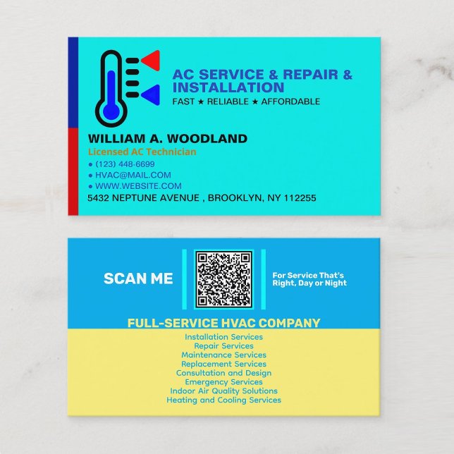 Luftkonditionering AC-tjänster | Anpassat VVS-före Visitkort (HVAC business cards with QR, custom logo for AC company, air conditioner repair cards)