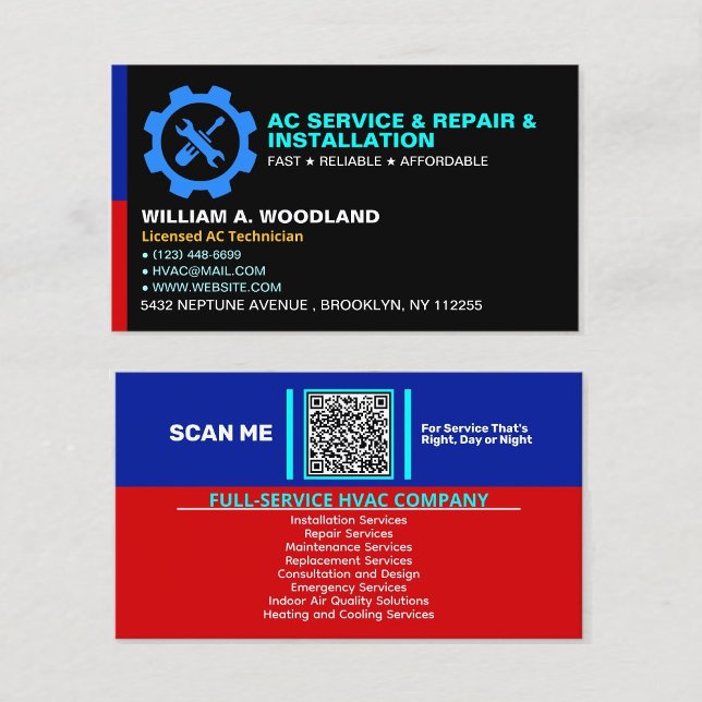 Luftkonditionering (reparations- och installations visitkort (AC maintenance professional cards, heating and cooling contractor qr code logo slogan )