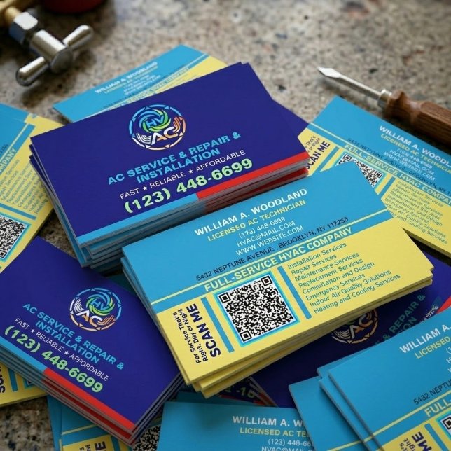 Luftkonditioneringstjänster | HVAC Uppvärmning & K Visitkort (HVAC business card template, AC repair technician cards, heating and cooling installer )