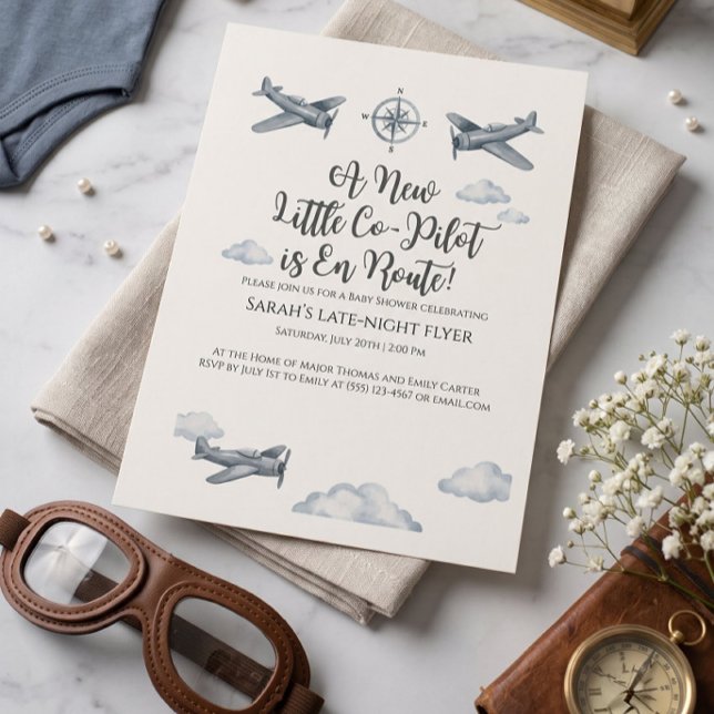 Luftvapenbabyfirande Inbjudan Lille Co-Pilot (Little Co-Pilot Baby Shower Invitation | Air Force Airplane Announcement)