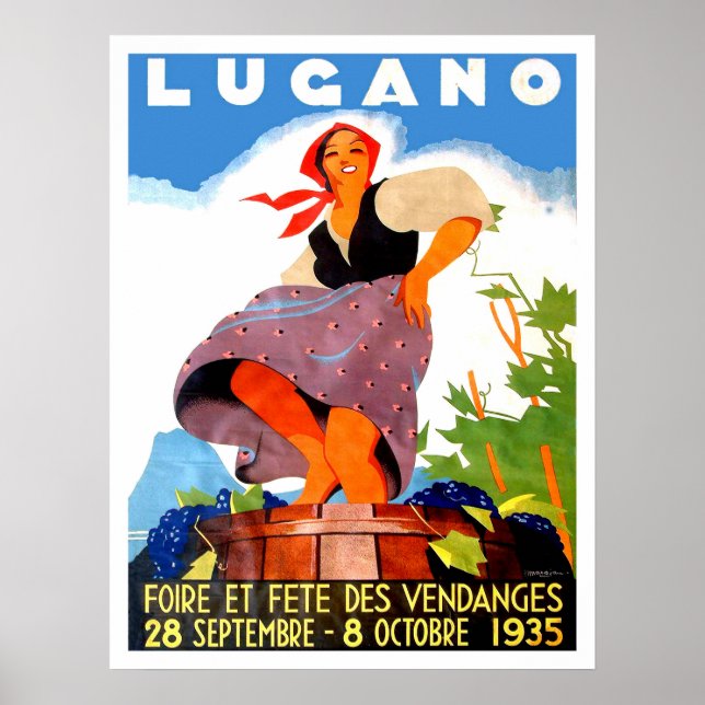 Lugano, Italien, flicka gör vin, årgång Poster (Framsidan)