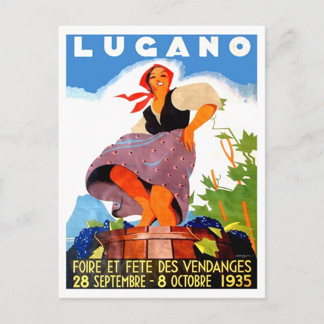 Lugano, Italien, flicka gör vin, årgång Vykort (Framsida)