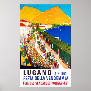 Lugano, luftvy. Människor trängs på vinfestival Poster