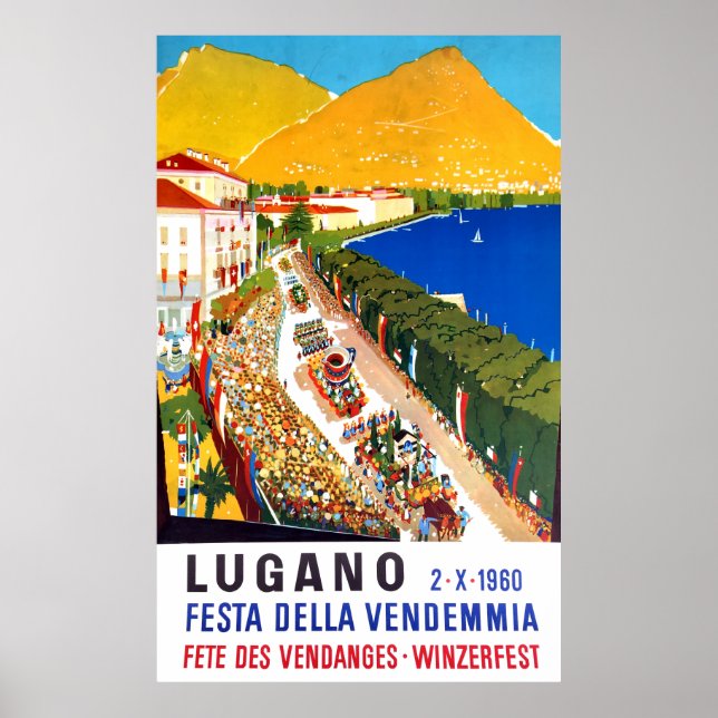 Lugano, luftvy. Människor trängs på vinfestival Poster (Framsidan)