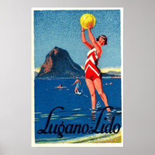 Lugano sjö, strand, flicka med strand boll, vintag poster