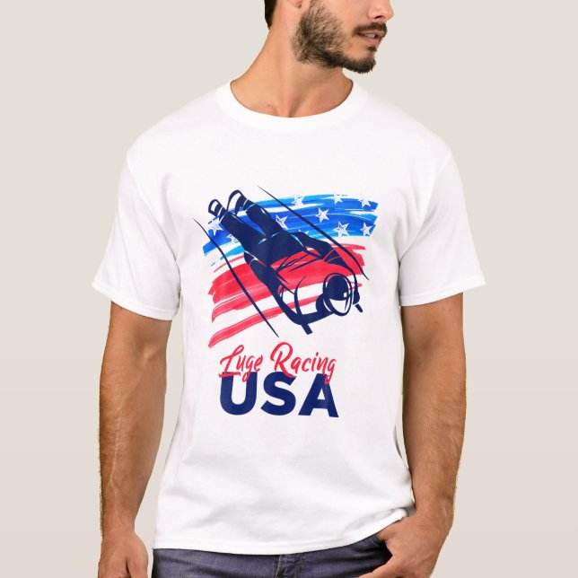 Luge Tävla USA Support Team T USA flagga Sleddi T Shirt (Framsida)