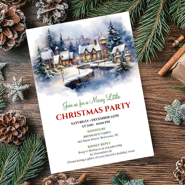 Lugn akvarell julscen festlig stad   inbjudningar (Serene watercolor Christmas scene festive city invite)